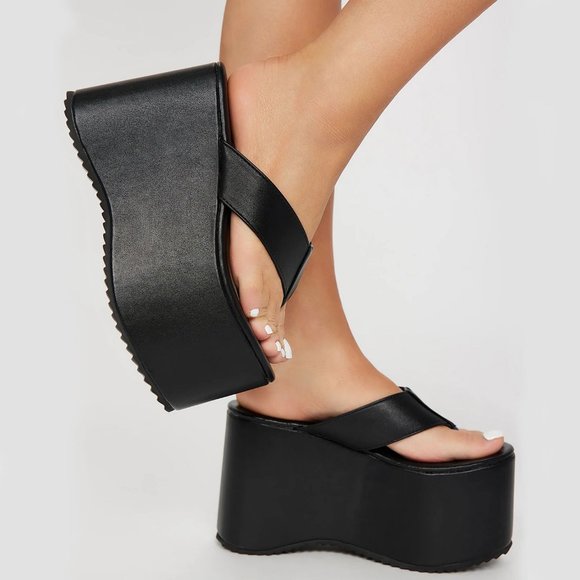 NEW🔥 Black Thong Open Toe Sky High Platform Wedge Heel Slide Sandals Flip Flops - Picture 3 of 4